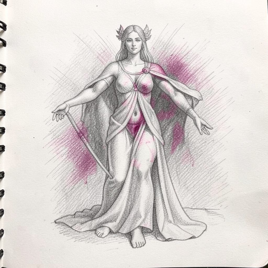 A graphite pencil sketch of an ornate goddess-themed slot game screen, soft grey shading with subtle purple undertones and a mystical mood